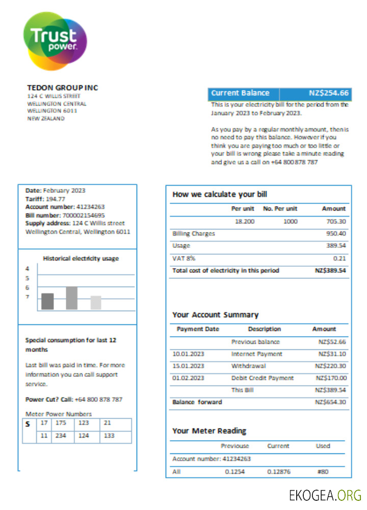 Facture commerciale du service public Trustpower SCR